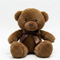 Brown teddy bear leaning against a white wall with a shelf of color swatches in the background.