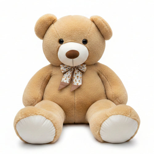 Large teddy bear with a bow tie sitting on a counter in a store setting.