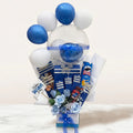 Bouquet with balloons and snacks on a white background