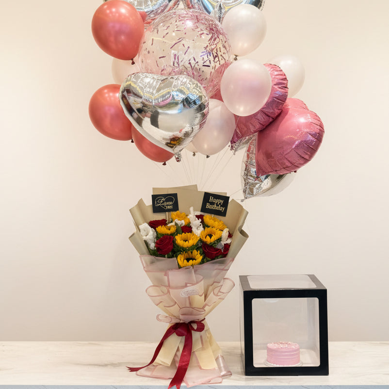Bouquet of balloons and flowers on a table with shelves in the background