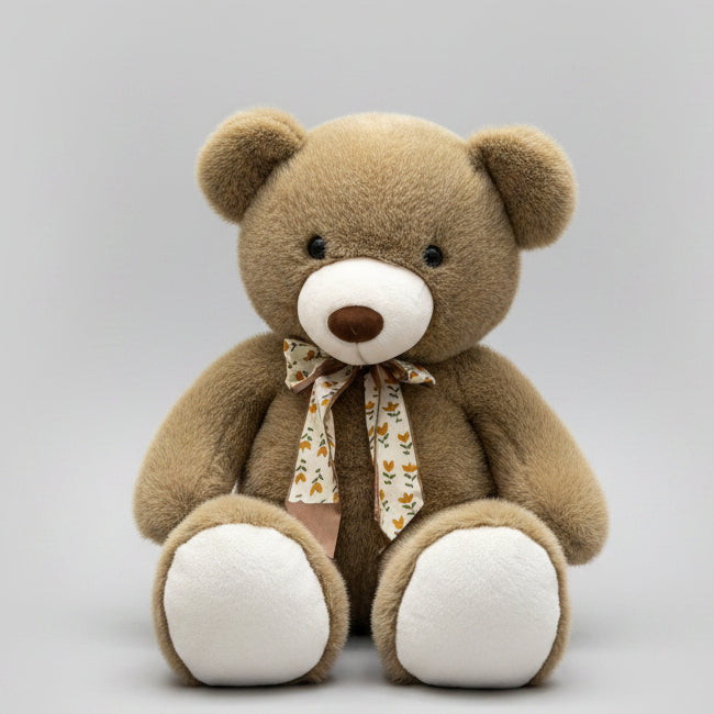 Brown teddy bear with a bow tie on a shelf with books and other toys.