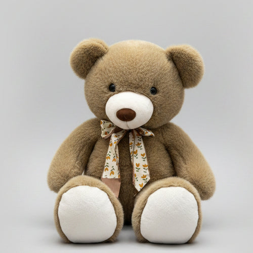 Brown teddy bear with a bow tie on a shelf with books and other toys.